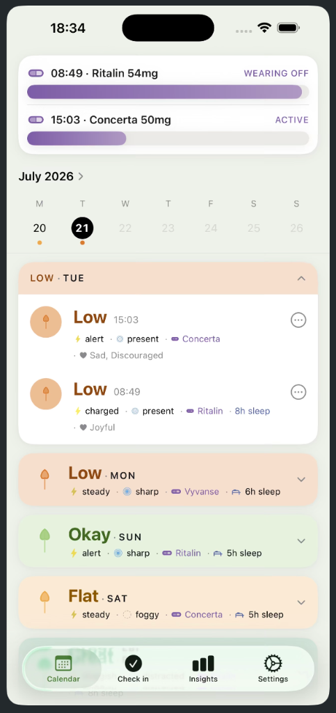 Squirl calendar and day view showing mood logs and active medication bars